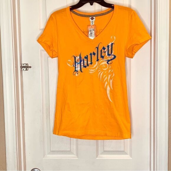 Harley Davidson Orange Tribe V Neck Tee Size Small - Picture 2 of 10